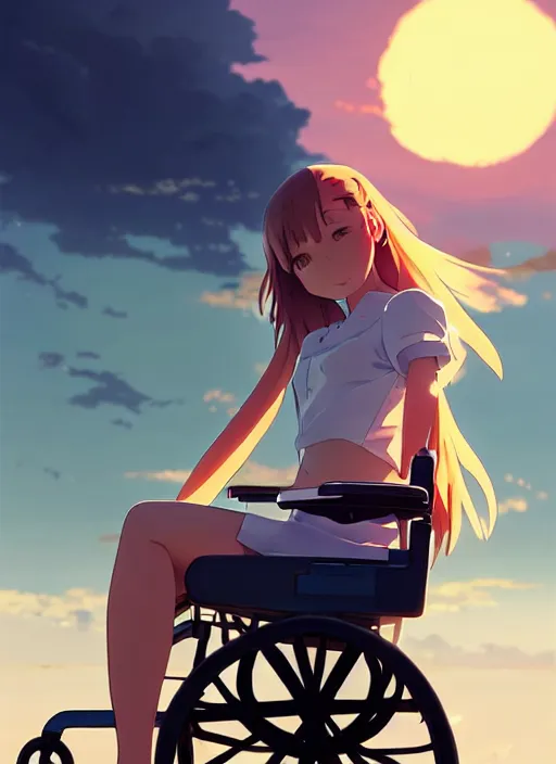 Prompt: side portrait of cute girl, sunset sky in background, beach landscape, illustration concept art anime key visual trending pixiv fanbox by wlop and greg rutkowski and makoto shinkai and studio ghibli and kyoto animation, futuristic wheelchair, symmetrical facial features, real face, future clothing, realistic anatomy, backlit