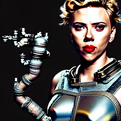 Image similar to scarlett johansson in a space age metallic steampunk steam - powered city with pipework and electrical wiring around the outside, professional photography, 8 0 mm telephoto lens, realistic, detailed, photorealistic, photojournalism