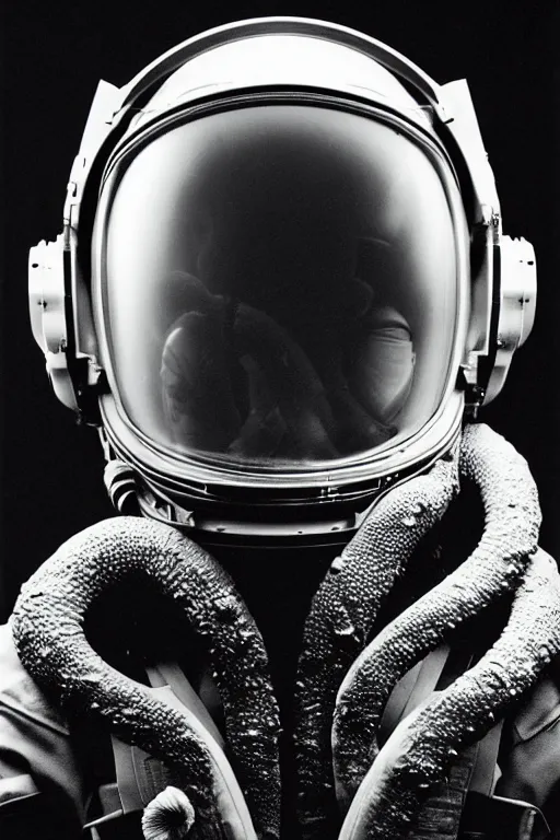 Prompt: extremely detailed studio portrait of space astronaut, alien tentacle protruding from eyes and mouth, slimy tentacle breaking through helmet visor, shattered visor, full body, soft light, plain studio background, disturbing, shocking realization, award winning photo by peter lindbergh