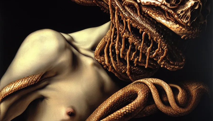 Prompt: rotting snake with human face. bodyhorror, death, fear, horror, by caravaggio, extremely high detail, ultra realistic, photorealism, 4 k