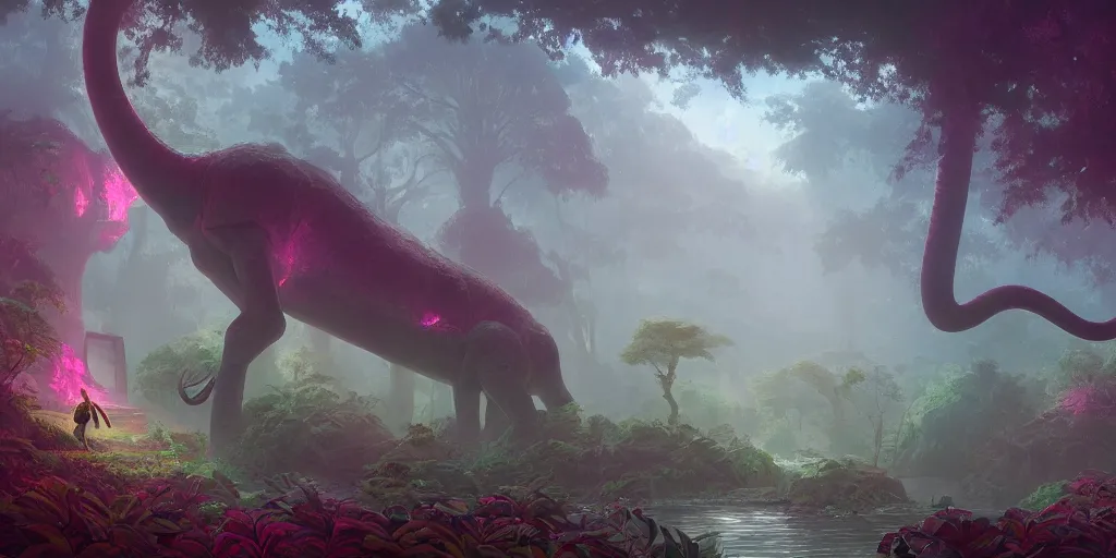 Prompt: glowing pink diplodocus, jungle landscape, broken down grey wall,, alena aenami, petros afshar, noah bradley, anton fadeev, anato finnstark, steve henderson, filip hodas, mark keathley, thomas kinkade, phil koch, gilbert williams, mike winkelmann, beeple