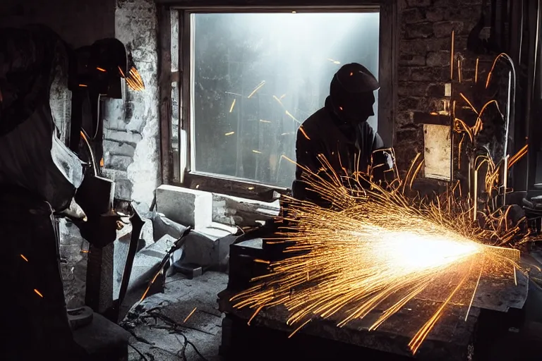 Prompt: blacksmith working, yellow sparks, rays of light trough a window, atmospheric, dramatic lighting, beautiful