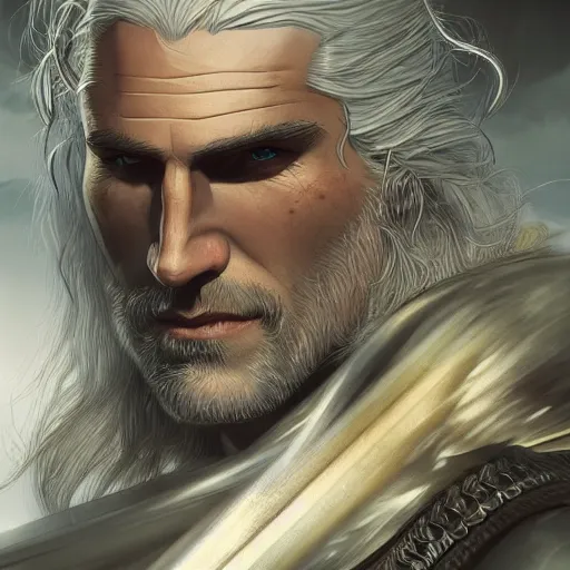 Image similar to Geralt of Rivia, golden eyes, silver hair, wolf pedant, 4k, artstation, cgsociety, award-winning, masterpiece, stunning, beautiful, glorious, powerful, fantasy art