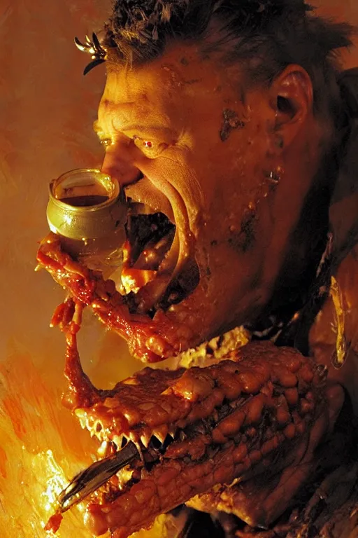 Image similar to robert roflgator malecki eating baked beans and drinking fireball, extreme high detail, grotesque, portrait dnd, painting by gaston bussiere, craig mullins, greg rutkowski, yoji shinkawa