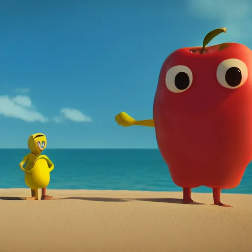 Mister Apple meets Mister Banana at the beach, 3D, | Stable Diffusion ...