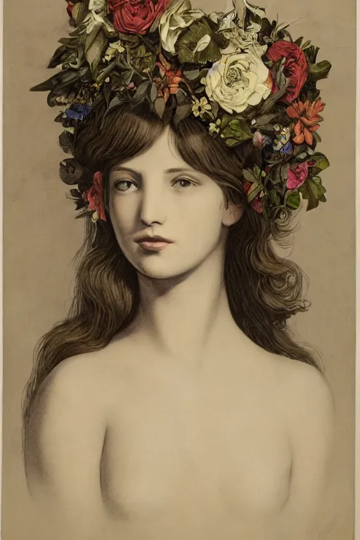 Image similar to close-up portrait of a beautiful young cyborg woman with a big flower crown, Honoré Beaumier lithography