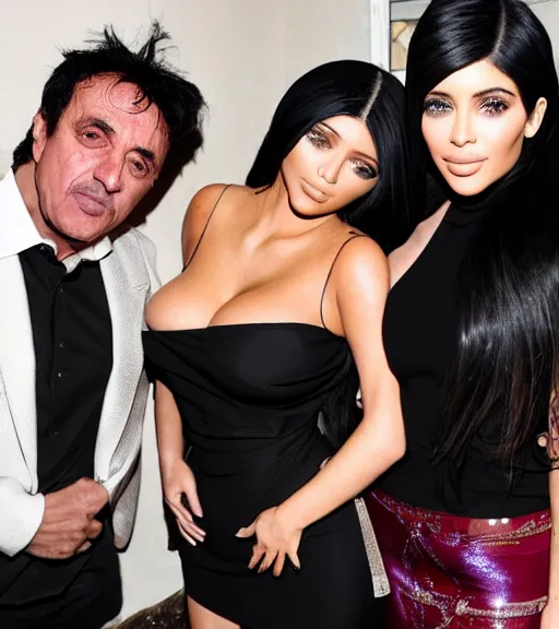 Image similar to Tony montana hugging kim kardashian & kylie Jenner in a derelict mafia mansion