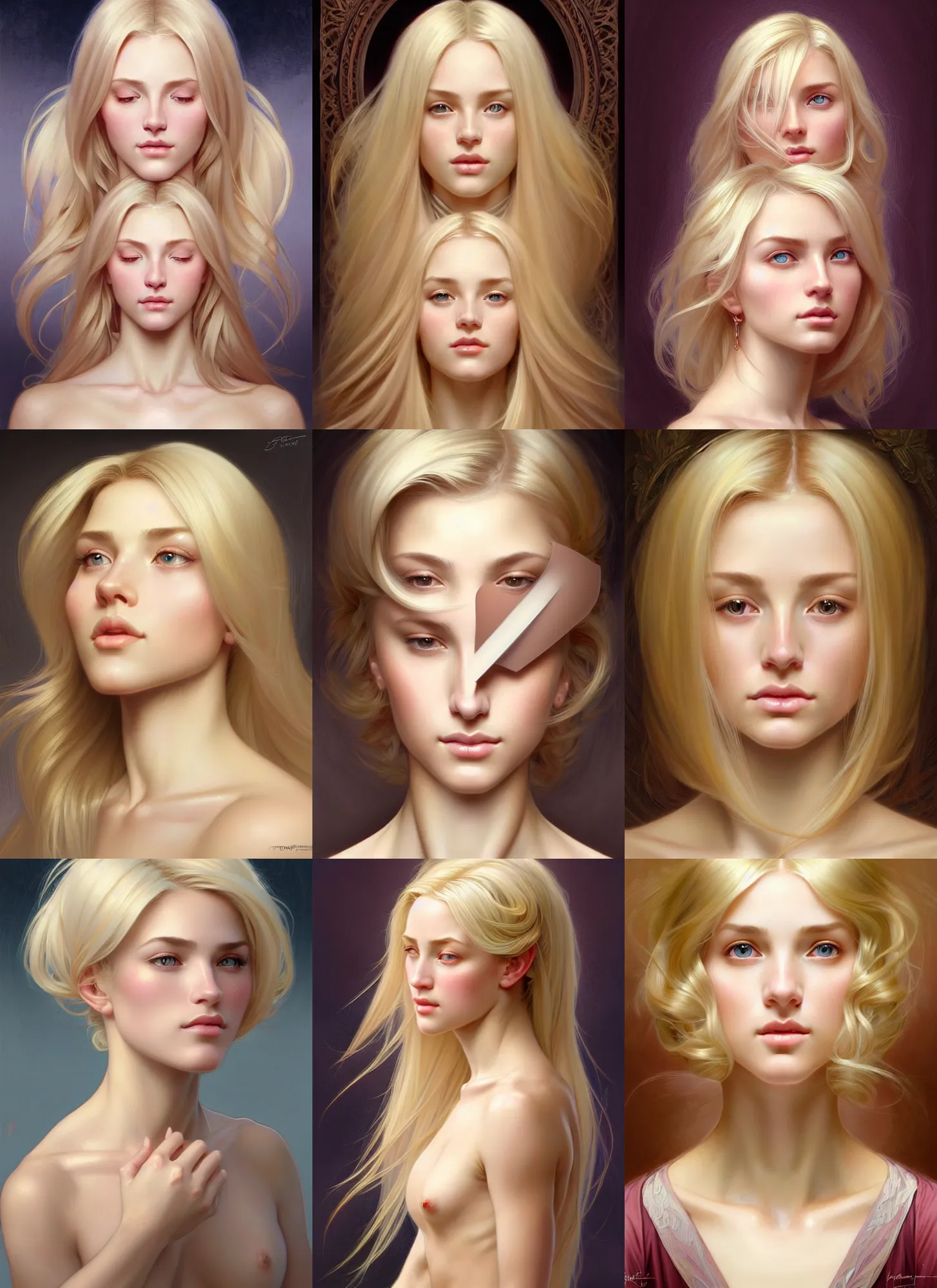 Prompt: face of feminine perfection!! character concept artportrait of young wife blessed by god to uncontrollably become overwhelmingly perfect, blonde, symmetrical! intricate, sensual features, highly detailed, fertile!! holy perfection!! digital painting, artstation, smooth, sharp focus, illustration, art by artgerm and greg rutkowski and alphonse mucha