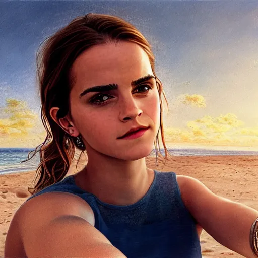 Prompt: beautiful serene intricate portrait of emma watson and emma watson taking a selfie, relaxing on the beach, golden hour, soft focus, 8 k, art by irakli nadar, hyperrealism, hyperdetailed, ultra realistic