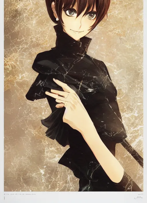 Image similar to luxury advertisement, medium close-up of a manga girl with a golden trenchcoat by krenz cushart, Sasoura, Satchely and Akihiko Yoshida, black medium length Dutch bob cut hair with straight bangs, poster