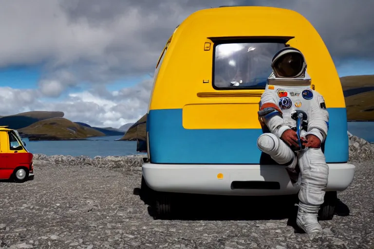 Image similar to tourist astronaut standing in the Isle of Harris, Scotland, a campervan in the background, 28 mm lens, photorealistic