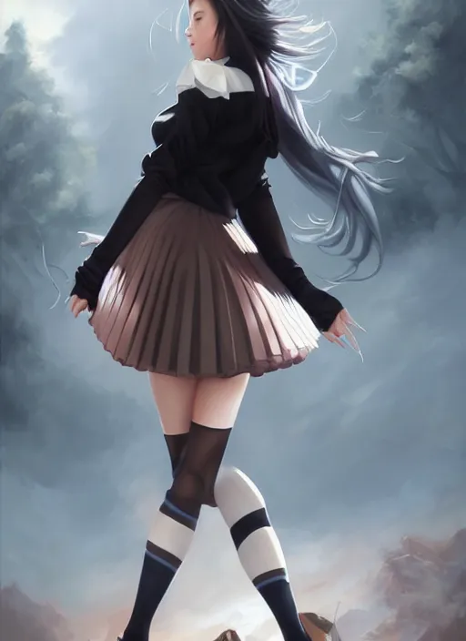 Image similar to a beautiful woman with school uniform, seifuku, pleated miniskirt, overknee socks, adriana lima, painted by artgerm and tom bagshaw, fantasy art, dramatic lighting, highly detailed oil painting, volumetric lighting