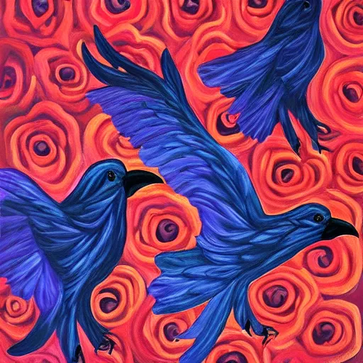 Prompt: flock of ravens in the shape of a rose. painting, oil on canvas