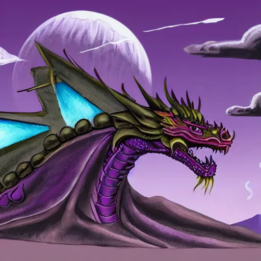 Prompt: a purple dragon fighting a retrofuturistic spaceship with a volcano in the background, concept art by ken steacy