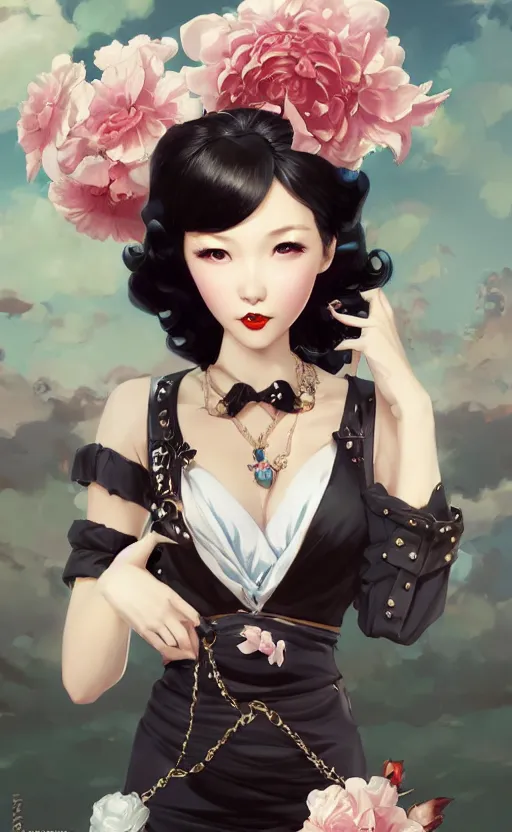 Image similar to a pin up and beautiful fashion and charming and dreamlke japan girl with lv jewelry, character art, art by artgerm lau and kyoung hwan kim and and ilya kuvshinov and john singer sargent, hyperdetailed, 8 k realistic, symmetrical, frostbite 3 engine, cryengine, dof, trending on artstation, digital art