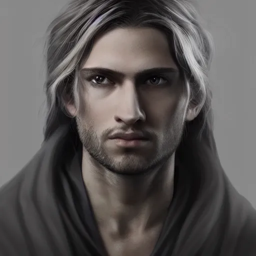 Image similar to a highly detailed Portrait of a young man with light gray long hair, purple eyes, in a black cloak, artstation, DeviantArt, professional, octane render