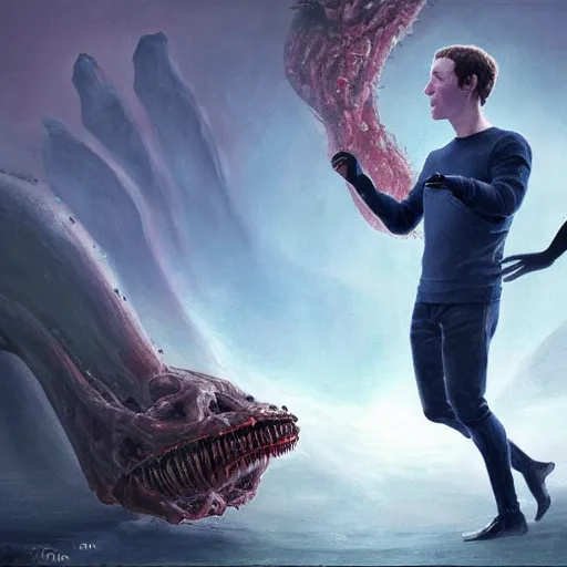 Prompt: mark zuckerberg clawing away his own skin to reveal the monster underneath, like a parasite escaping it's host, epic fantasy painting, cinematic pose