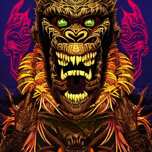 Image similar to barong family member, wiwek, mara demon, one single tribe member, jungle, one single mask, dark, ancient warrior, gorilla, lizard, tribal, inner glow, art by dan mumford and justin gerard