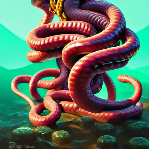 Image similar to medusa with sausages instead of snakes. replace snakes with sausages. intricate abstract. intricate artwork. by tooth wu, wlop, beeple, dan mumford. trending on artstation, greg rutkowski very coherent symmetrical artwork. cinematic, hyper realism, high detail, octane render, 8 k, iridescent accents