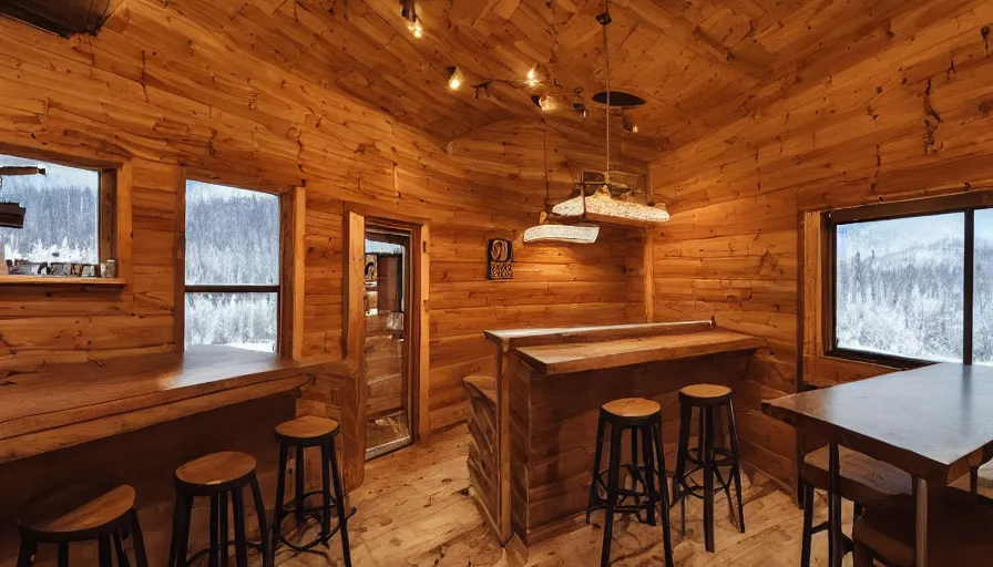 Image similar to empty cozy bar in small cabin, warm, outside winter landscape