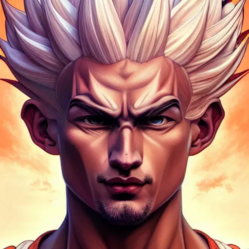 Image similar to symmetry!! intense portrait of sangoku ssj, intricate, elegant, highly detailed, my rendition, digital painting, artstation, concept art, smooth, sharp focus, illustration, art by artgerm and greg rutkowski and alphonse mucha