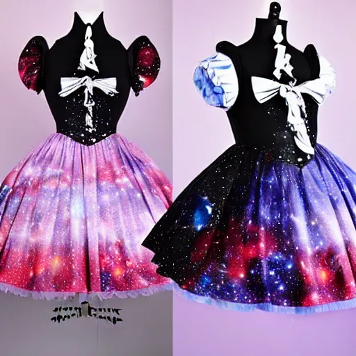 Image similar to A space-themed lolita outfit ; the fabric has pictures of galaxies moons and stars on it. A beautiful lolita dress, Angelic Pretty