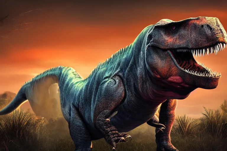 Prompt: Realistic photograph of a tired T-Rex dinosaur standing in the distance in the style of devilcore, gorecore, twilight, glows, detailed, studio quality, hd image,