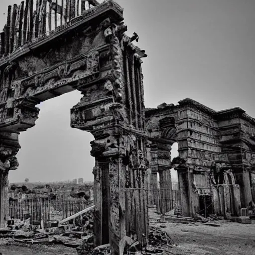 Image similar to the ruins of cities with pillars of smothered stone and twisted iron bars bended by fire in intricate patterns