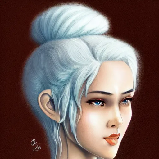 Prompt: a girl with white hair in a hairbun, by qinniart