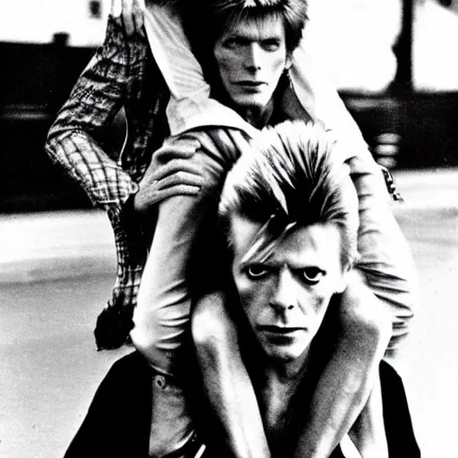 Image similar to david bowie getting a piggy back ride from ziggy stardust
