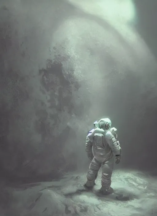 Image similar to concept art by craig mullins infrared complex and hyperdetailed technical astronaut suit in futuristic dark and empty spaceship underwater. reflection and dispersion materials. rays and dispersion of light. volumetric light. 5 0 mm, f / 3 2. noise film photo. flash photography. unreal engine 4, octane render. interstellar movie art