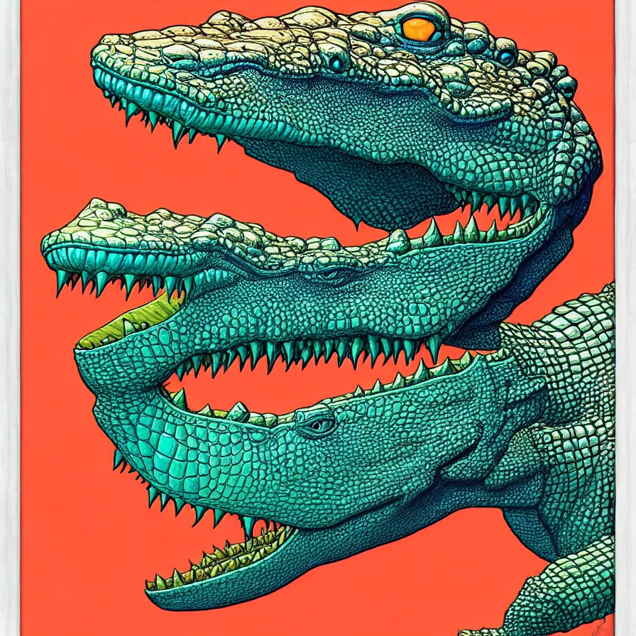 Prompt: ( ( ( ( beautiful crocodile surrounded by decorative frame design ) ) ) ) by mœbius!!!!!!!!!!!!!!!!!!!!!!!!!!!, overdetailed art, colorful, artistic record jacket design