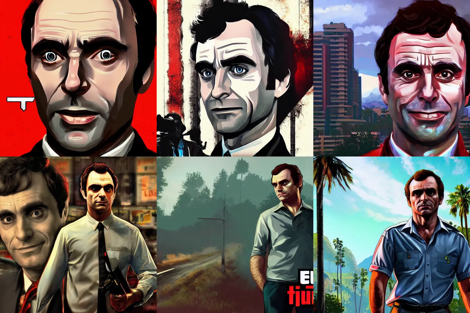 Prompt: Ted Bundy in Grand Theft Auto 5 cover art, epic, 4k resolution, extremely detailed, very sharp, artstation, digital art, vibrant,