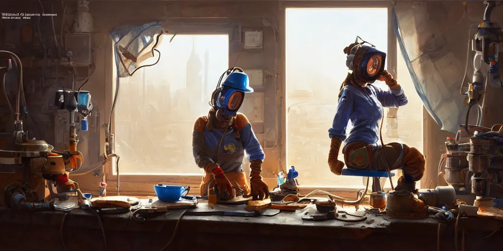 Image similar to highly detailed portrait painting of welder girl, room mono window, table mess, by eddie mendoza and tyler edlin, 8 k resolution