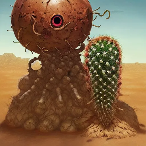 Image similar to ball creature covered with eyes, in the desert next to a cactus, d & d, fantasy, greg rutkowski, frank frazetta, alexandre chaudret, boris vallejo, michael whelan, miro petrov, hr giger, magali villeneuve, donato giancola