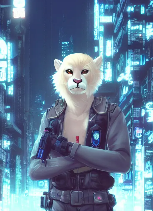 Image similar to character portrait of a male anthro albino mountain lion fursona with a tail and a cute beautiful attractive furry face wearing a cybertech police uniform in a cyberpunk city at night while it rains. hidari, color page, tankoban, 4K, tone mapping, Akihiko Yoshida.