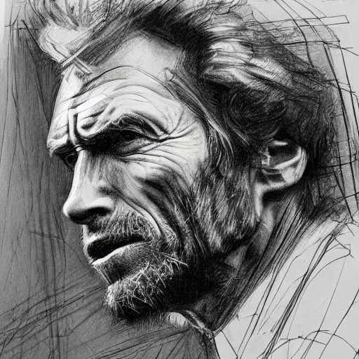 Prompt: a realistic yet scraggly portrait sketch of the side profile of a stern and sophisticated clint eastwood, trending on artstation, intricate details, in the style of frank auerbach, in the style of sergio aragones, in the style of martin ansin, in the style of david aja, in the style of mattias adolfsson