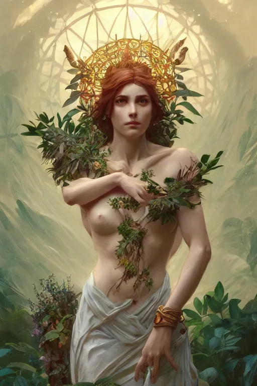 Image similar to goddess of nature, accurate anatomy, only two hands, highly detailed, digital painting, artstation, concept art, smooth, sharp focus, illustration, Unreal Engine 5, 8K, art by Ross Tran and greg rutkowski and alphonse Mucha