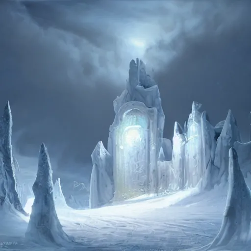 Image similar to a painting of an ice castle in the snow, a detailed matte painting by peter snow, cgsociety, northwest school, matte painting, matte drawing, concept art