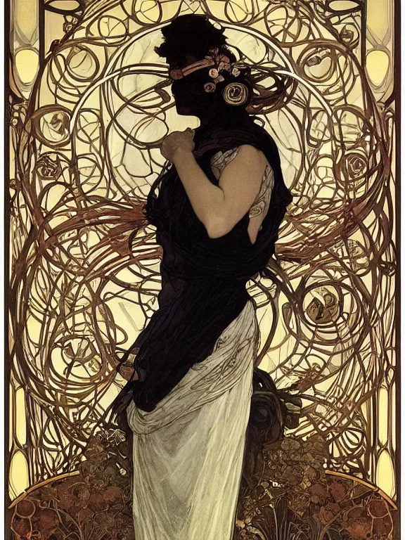 Prompt: an art nouveau mucha poster portrait oil painting of a ancient and powerful deity, surrounded by thousands of spiraling black ribbons, intricate, detailed, smooth, complex, elaborate, by borja, and chris skinner