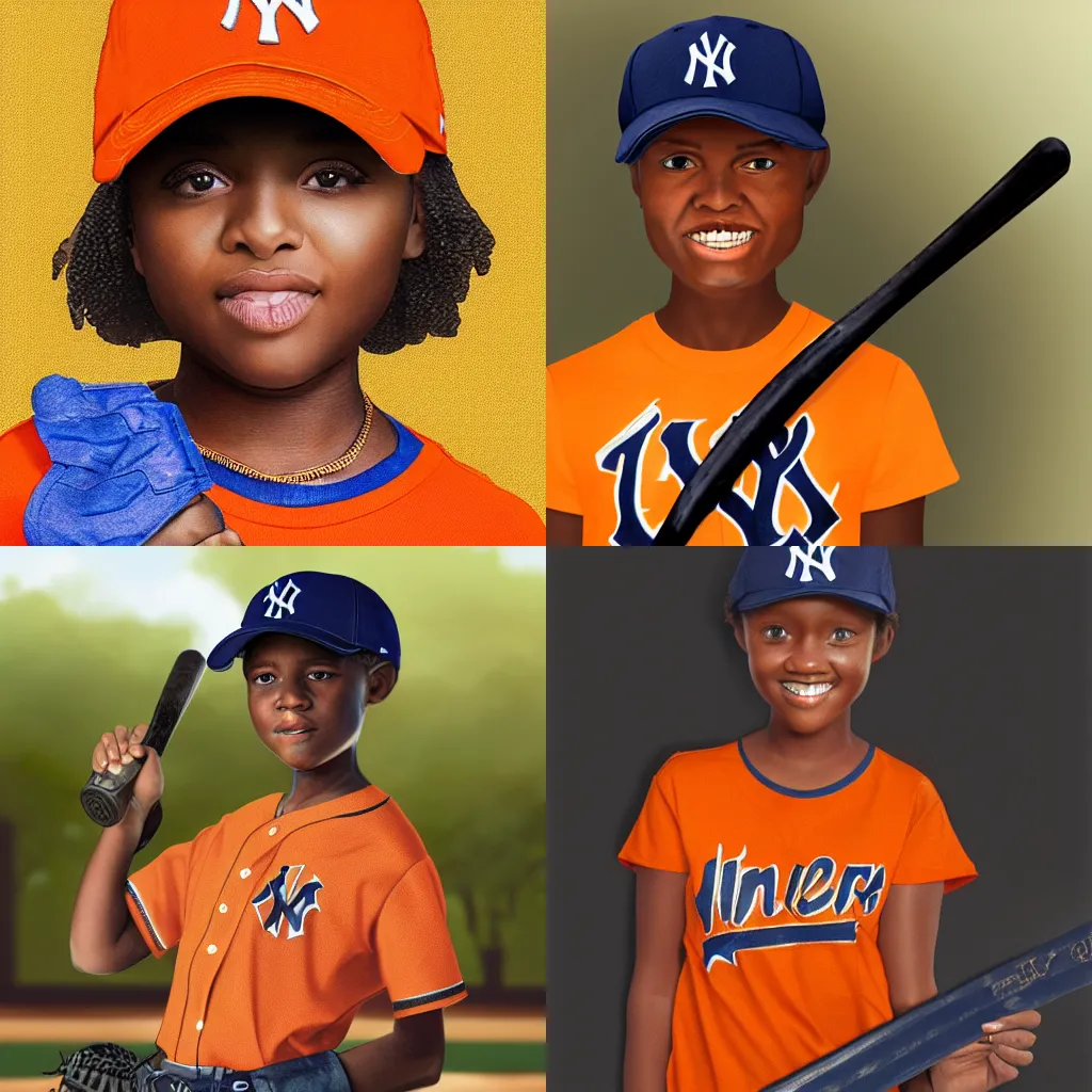 Prompt: a twelve year old blonde african american girl wearing a new york yankees baseball cap and an orange shirt, holding a sword, digital art, high detail