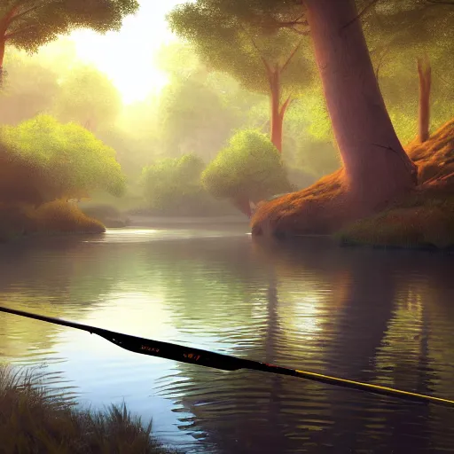 Prompt: painting of otter-fishman with fishing rod, stylized, octane render, morning forest river