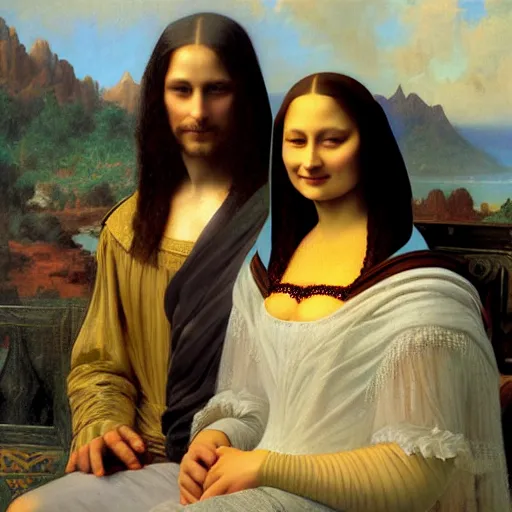 Prompt: detailed painting of prince william marrying attractive mona lisa, highly detailed painting by gaston bussiere, craig mullins, j. c. leyendecker 8 k, smiling couple, royal painting