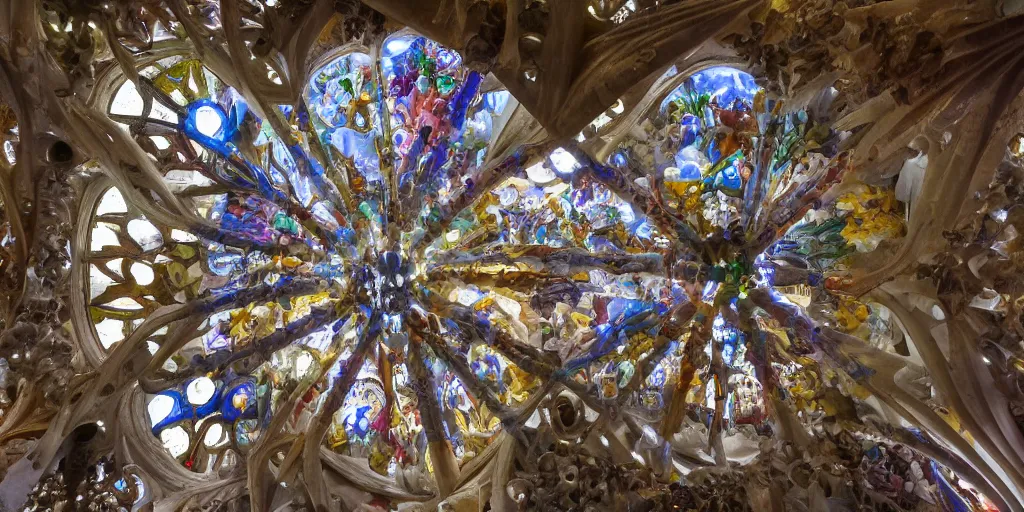 Prompt: sculpted Sagrada Familia ceiling by Antoni Gaudi, made of glass