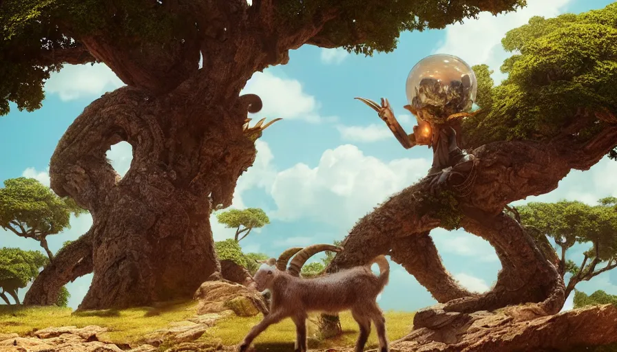 Image similar to very very small robotic goat, sitting on a gigantic dragon tree in socotra island by ilya kuvshinov, rtx rendering, octane render 1 2 8 k, maya, extreme high intricate details by tom bagshaw, medium shot, close up shot, composition by sana takeda, lighting by greg rutkowski