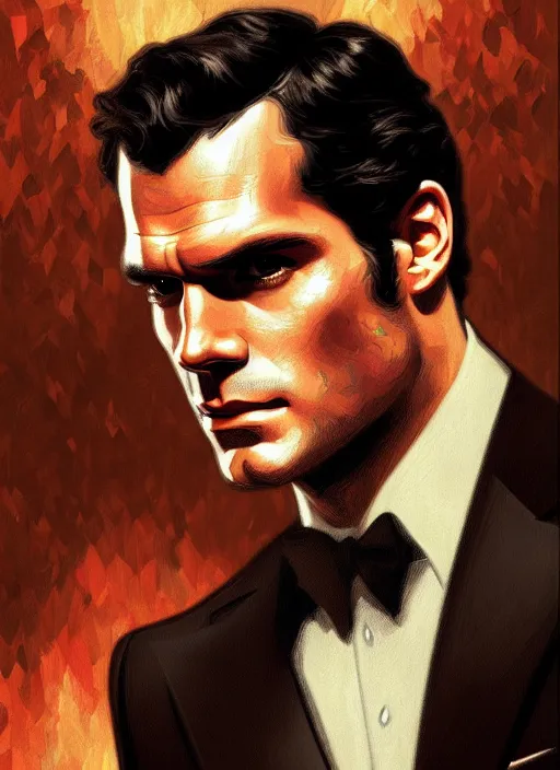 Image similar to portrait of henry cavill as james bond, casino, highly detailed, digital painting, artstation, concept art, cinematic lighting, sharp focus, illustration, by gaston bussiere alphonse mucha