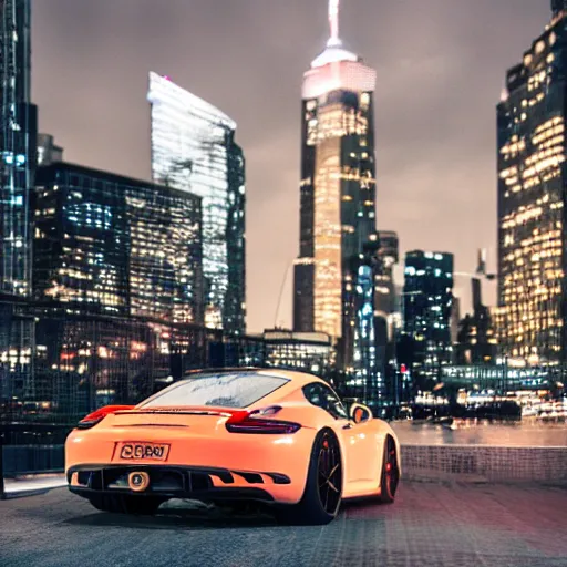 Prompt: rear view of a light pink ( porsche 7 1 8 cayman gt 4 rs ) in front of a skycraper in the streets of new york city at night, tail lights, exhaust pipe, vanishing point, atmospheric, award winning photo