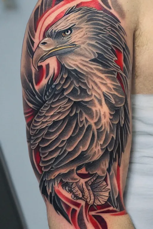 Image similar to traditional American tattoo of an eagle with a fish in its talons by Samuele Briganti