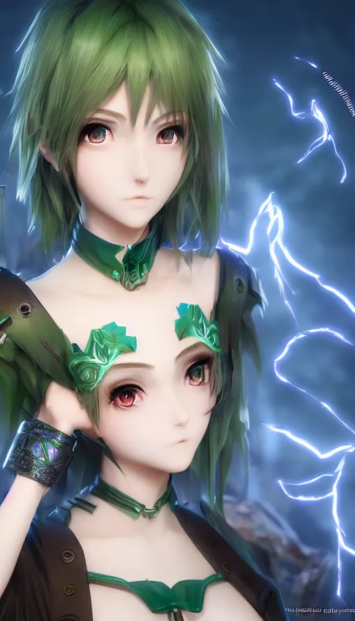 Prompt: render as a very beautiful 3d anime woman with short brown hair, heterochromia, blue eye and green eye, mage final fantasy oufit, heavy makeup, short smile, cinematic lightning, highly detailed, trending on Artstation, Unreal Engine 4k, cinematic wallpaper