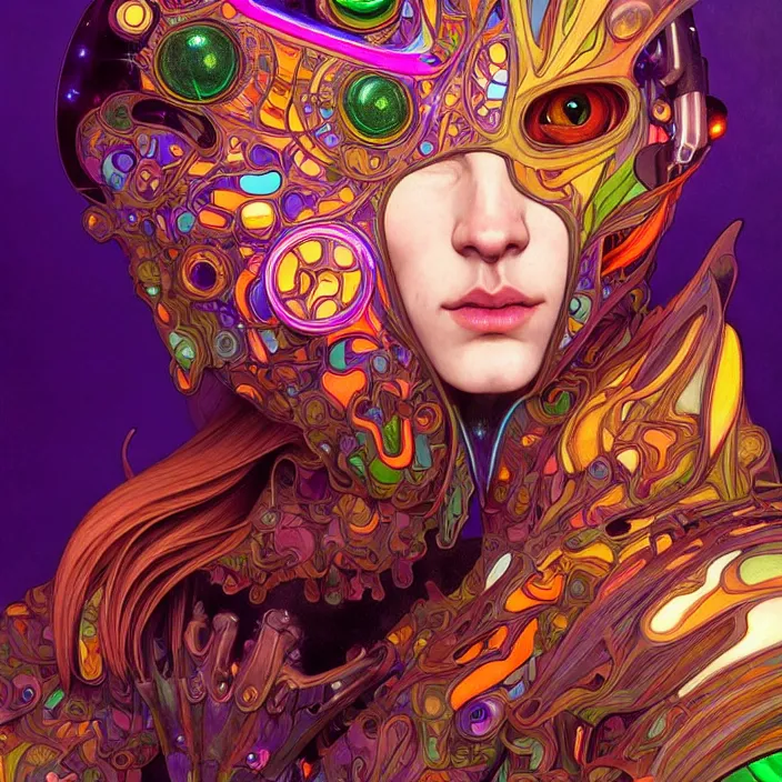 Prompt: bright psychedelic portrait of organic cat cyborg, wings, diffuse lighting, fantasy, intricate, elegant, highly detailed, lifelike, photorealistic, digital painting, artstation, illustration, concept art, smooth, sharp focus, art by John Collier and Albert Aublet and Krenz Cushart and Artem Demura and Alphonse Mucha